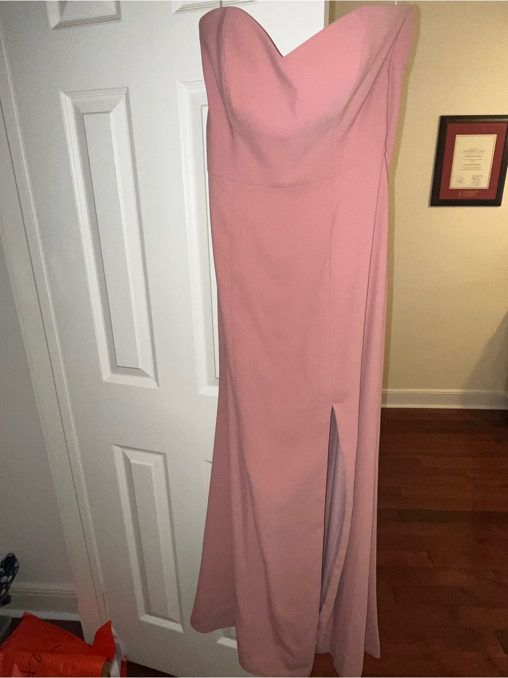 Strapless Pink Evening Gown with Side Slit